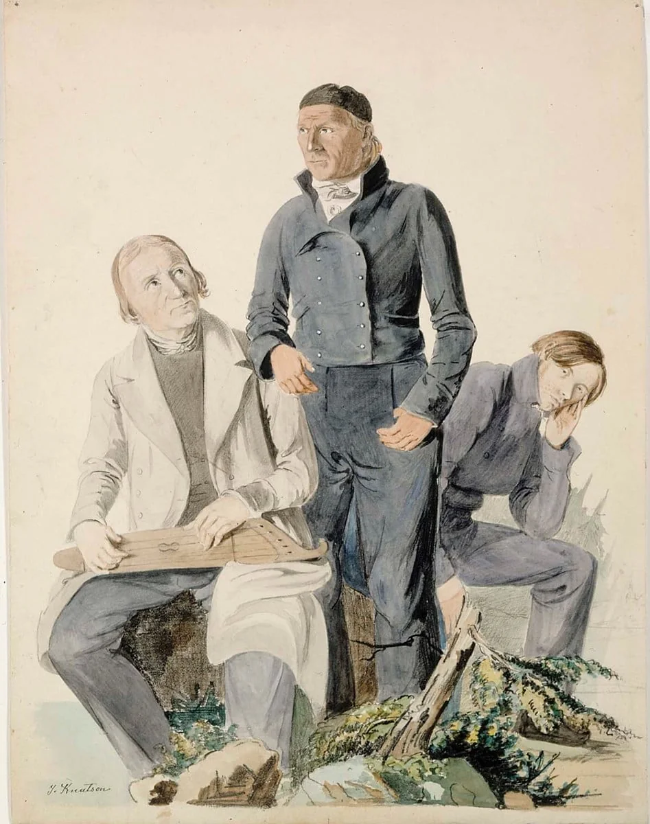 Kansanrunoilijat Olli Kymäläinen, Pietari Makkonen ja Antti Puhakka ; Kuvitusta R.Tengströmin teokseen, Finsk antologi., detail