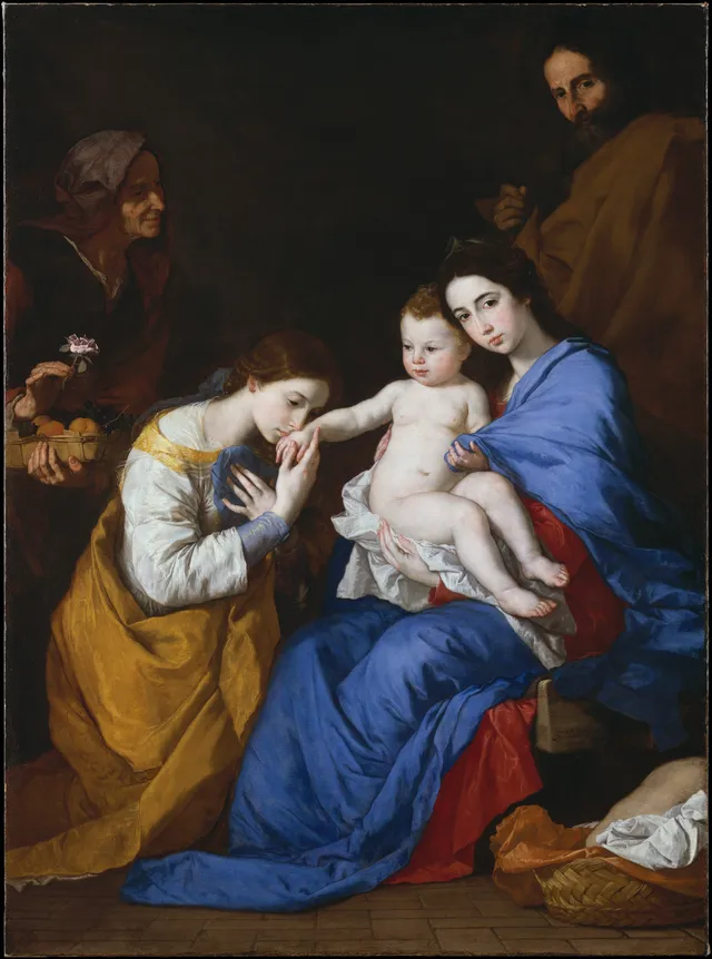 Ribera builds his Holy Family from hard side-light and a black ground that swallows everything below the waist. Tenderness, in his hands, is rendered as something perishable.