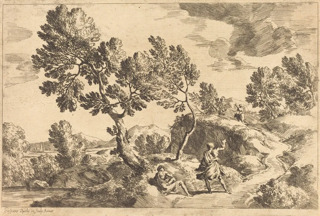 Roman Landscape, by Gaspard Dughet, ink, 1645