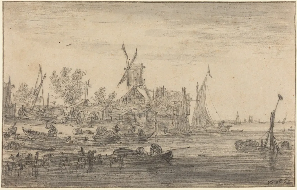 Foreshore Scene with Windmill, by Jan van Goyen, graphite, 1653