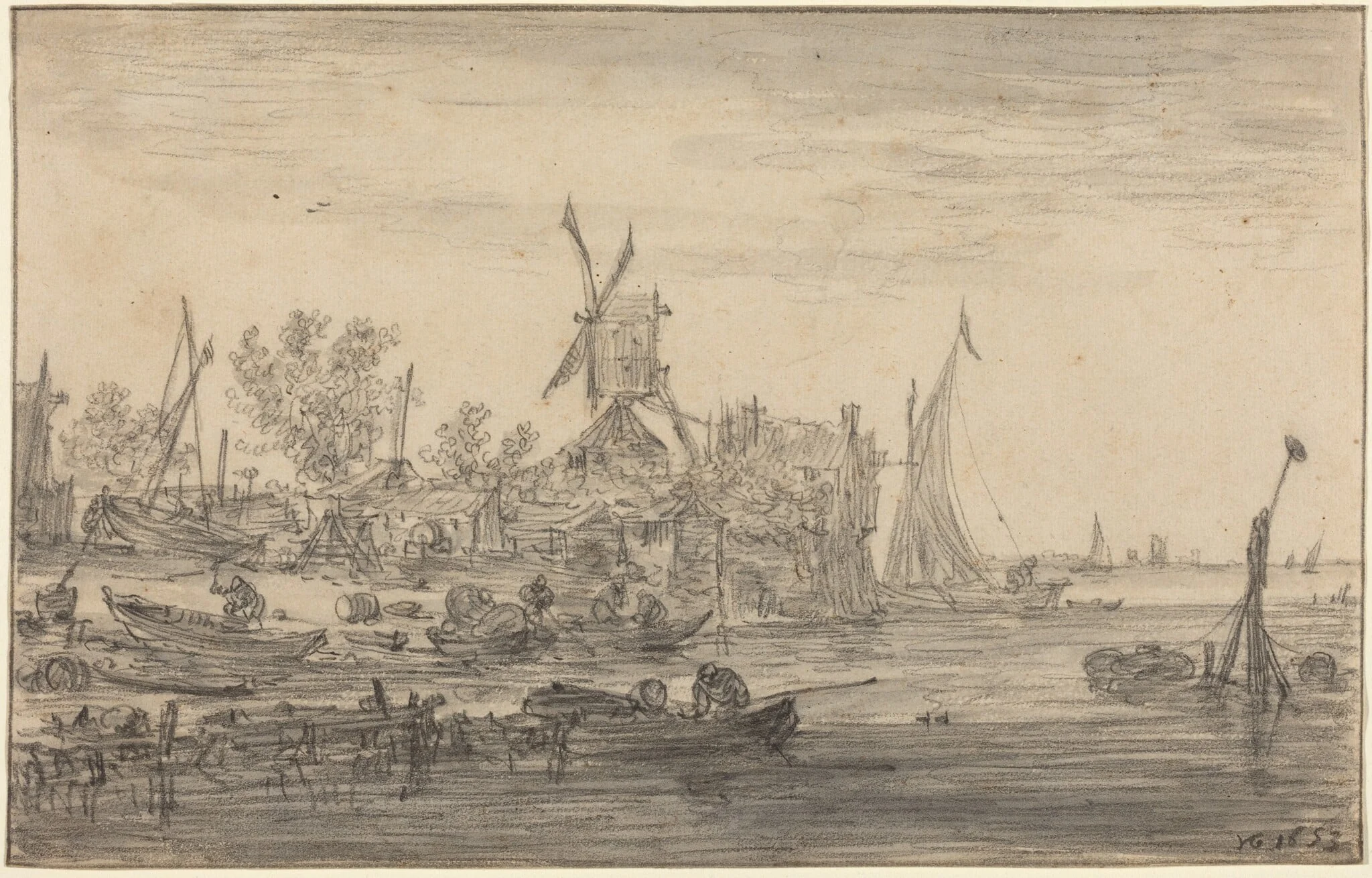 Foreshore Scene with Windmill, detail