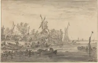Foreshore Scene with Windmill, by Jan van Goyen, graphite, 1653