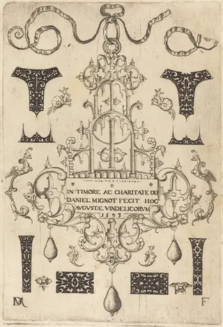Title Page: Pendant, Surrounded by Eight Small Studs, by Daniel Mignot, ink, 1593