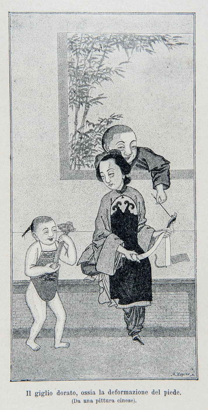 The golden lotus, or the deformation of the foot, (From a Chinese painting) signed by M. Rapine, detail