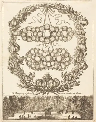 Le dragon qui se void dans le jardin de Ruel, by François Le Febvre, ink, 1665