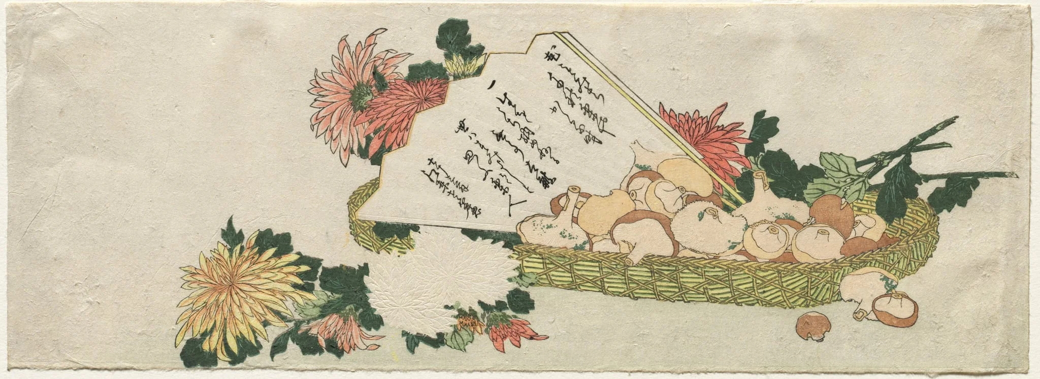 Basket with Fan, Chrysanthemums, and Mushrooms, detail