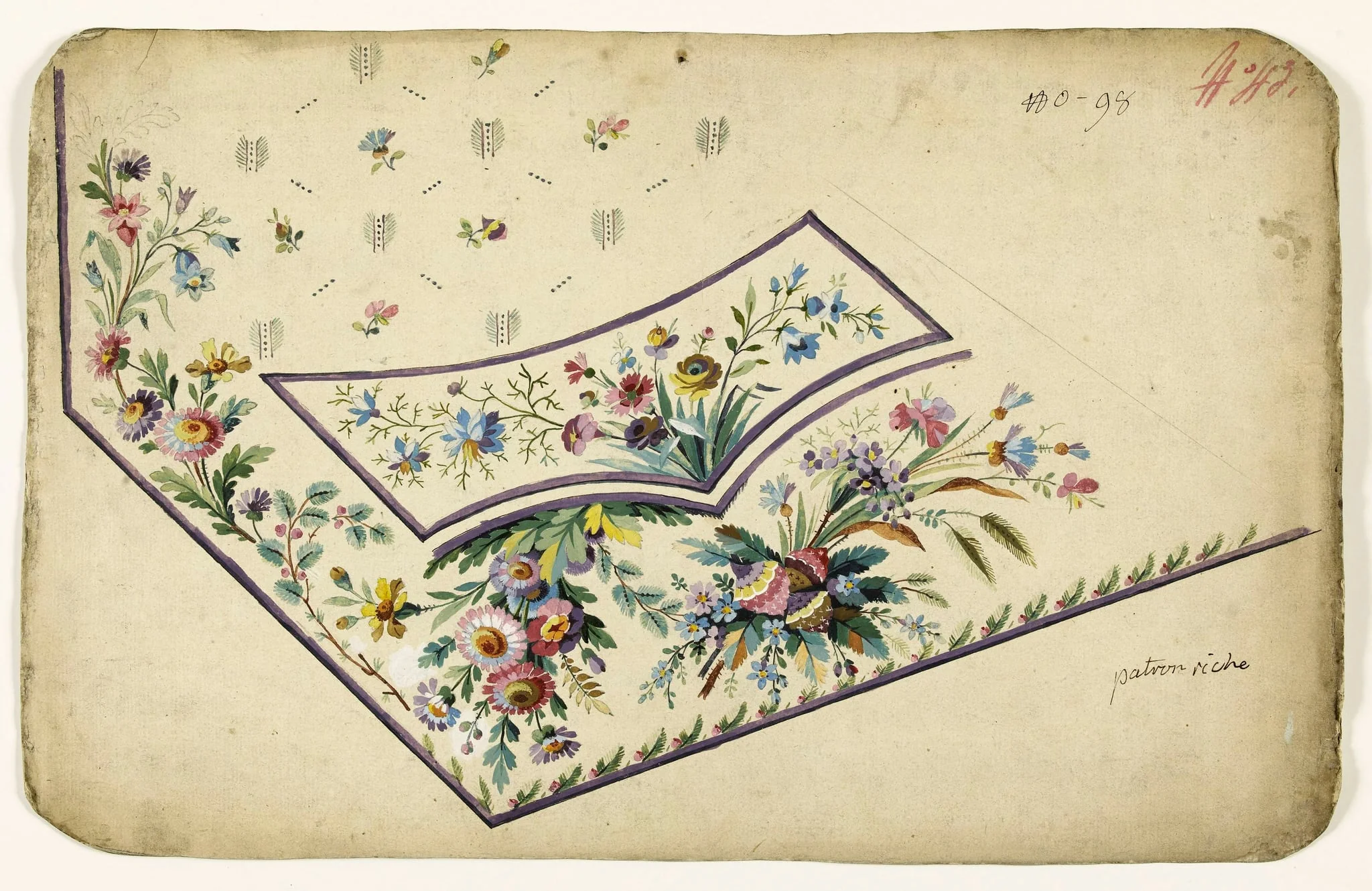 Composition de fleurs sauvages et fantaisistes en bouquets multicolores, projets de broderies de gilet, XVIIIème siècle, detail