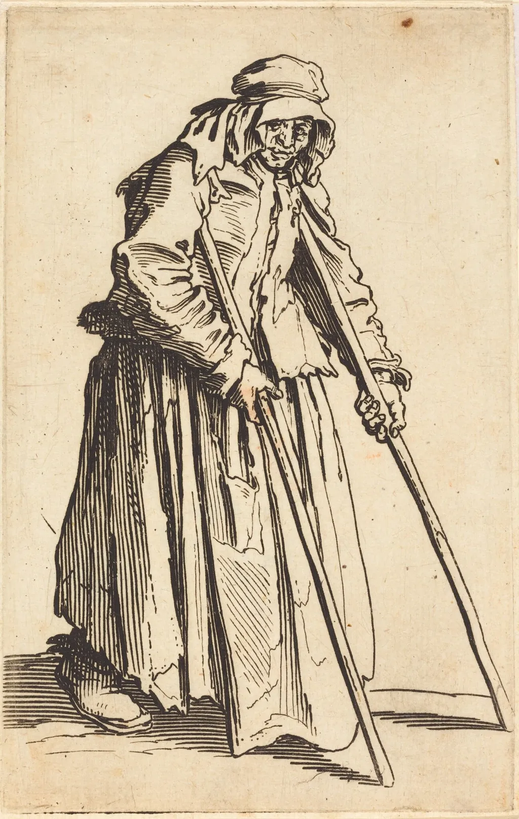 Beggar Woman with Crutches, by Jacques Callot, ink, 1622