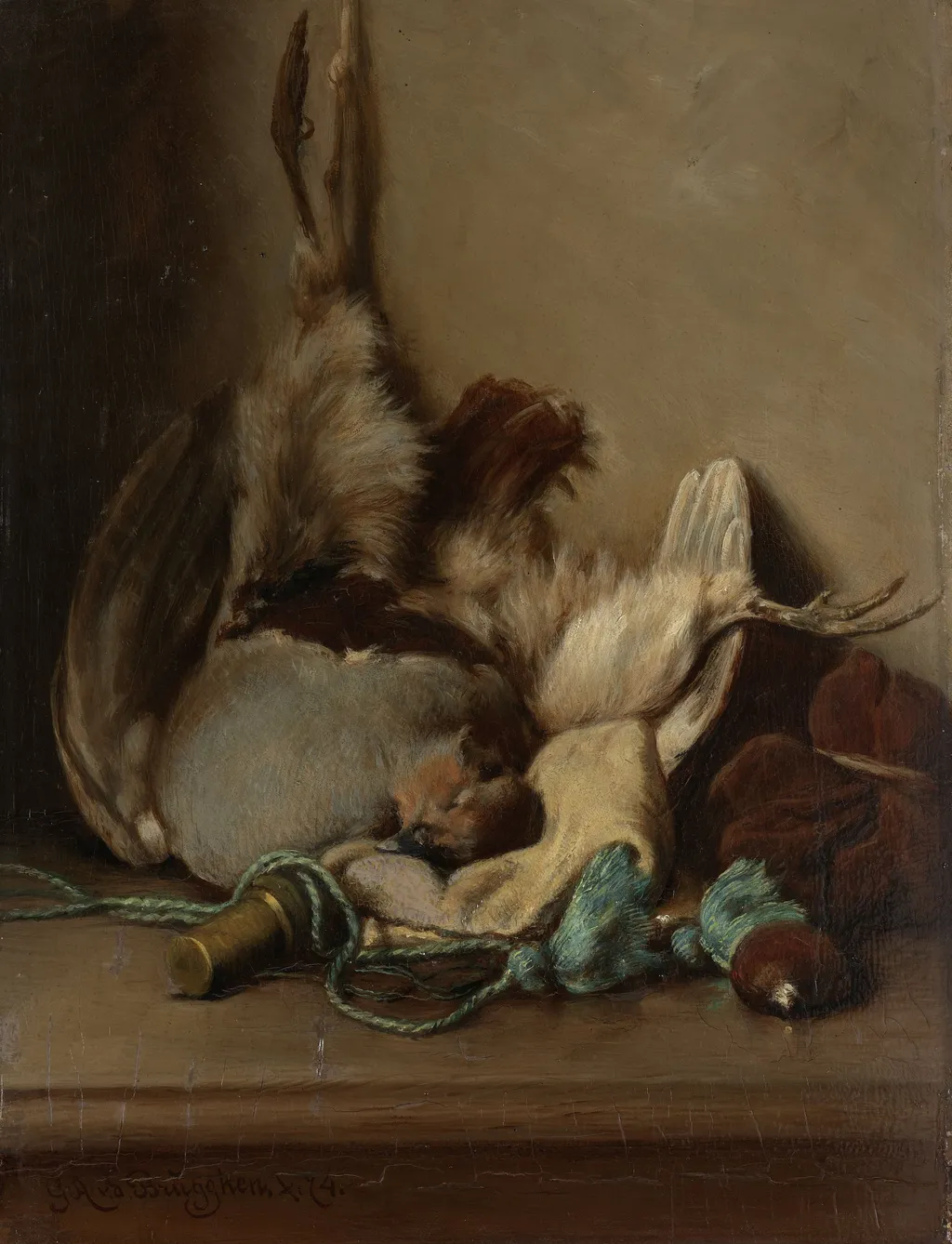 Still life with Wood Pigeon and Powder Horn, by Guillaume Anne van der Brugghen, oil, 1874