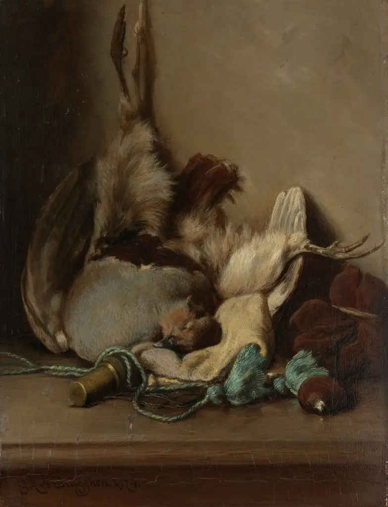 Still life with Wood Pigeon and Powder Horn, by Guillaume Anne van der Brugghen, oil, 1874