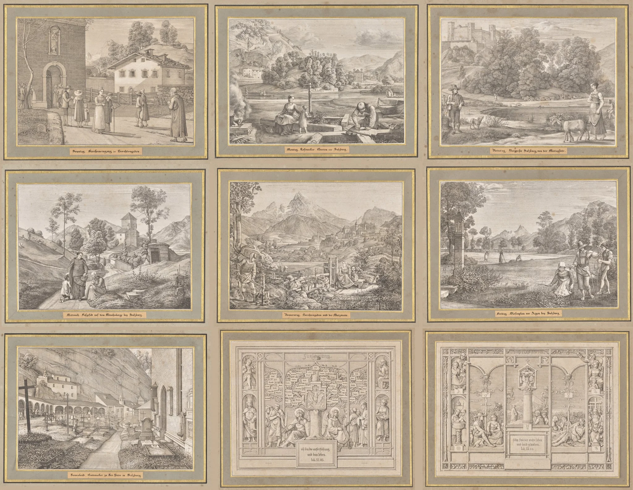 Seven Areas from Salzburg and Berchtesgaden. Arranged according to the seven days of the week, connected by two allegorical sheets, detail