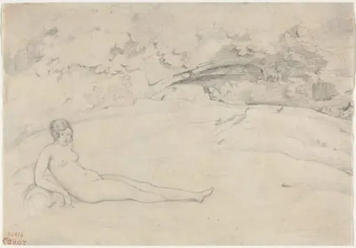 A Nude Reclining in a Landscape, by Jean Baptiste Camille Corot, graphite, 1826