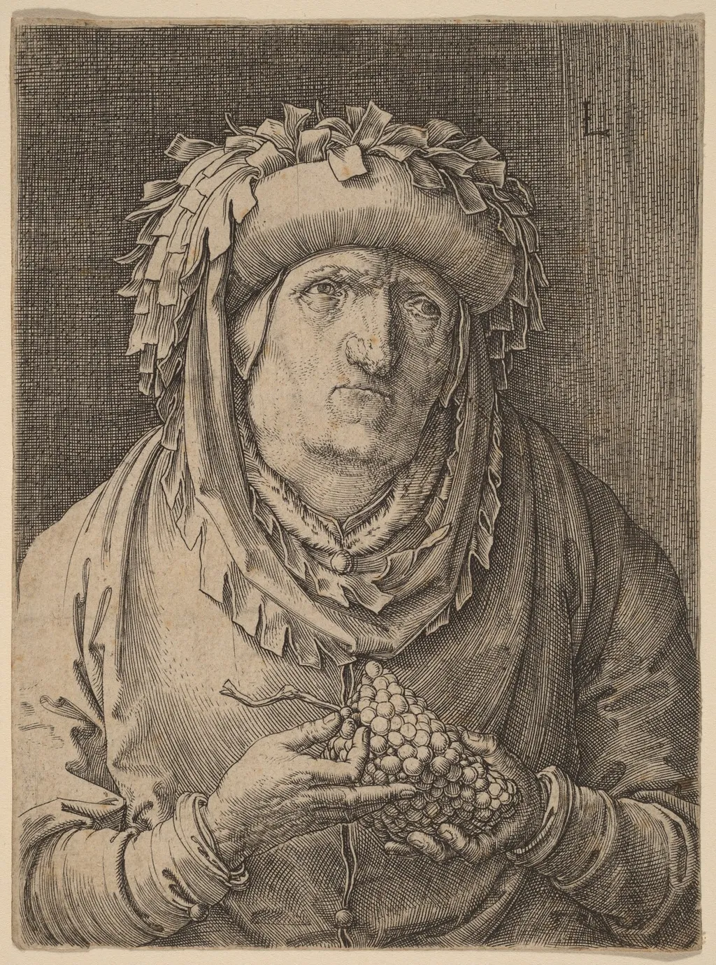 The Old Woman with Grapes, by Lucas van Leyden, ink, 1523