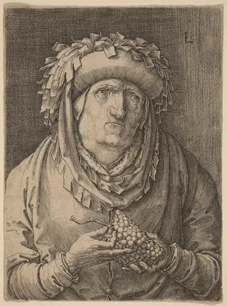 The Old Woman with Grapes, by Lucas van Leyden, ink, 1523