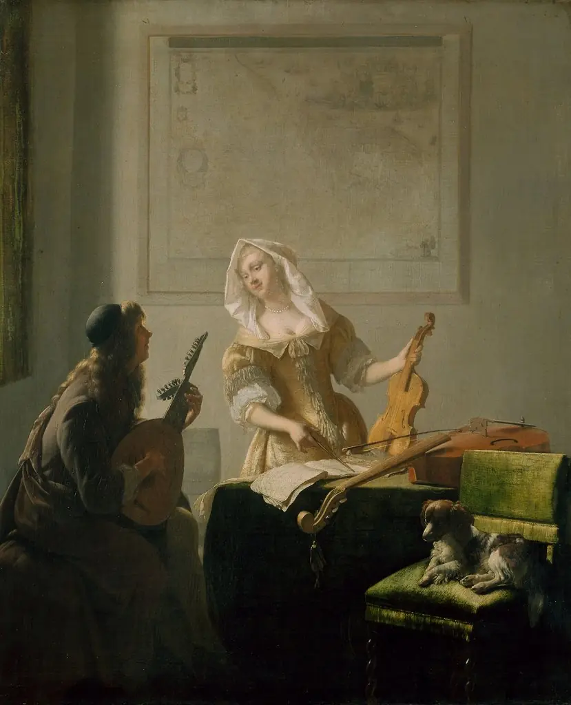 The Music Lesson, by Jacob Ochtervelt, oil, 1671