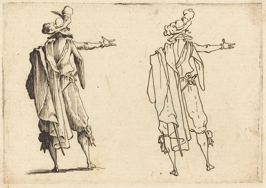 Man seen from Behind with His Right Arm Extended, by Jacques Callot, ink, 1617