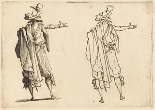 Man seen from Behind with His Right Arm Extended, by Jacques Callot, ink, 1617