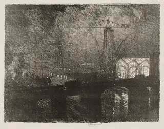 English War Work:  The Shops at Night, Changing Shifts, by Joseph Pennell, 1916