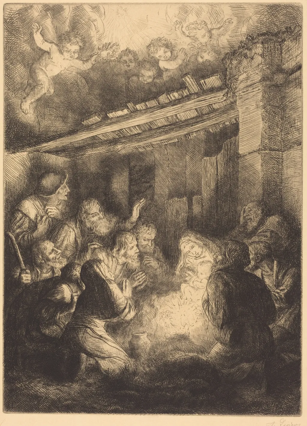 The Adoration of the Shepherds (L'adoration des bergers), by Alphonse Legros, ink, 1874