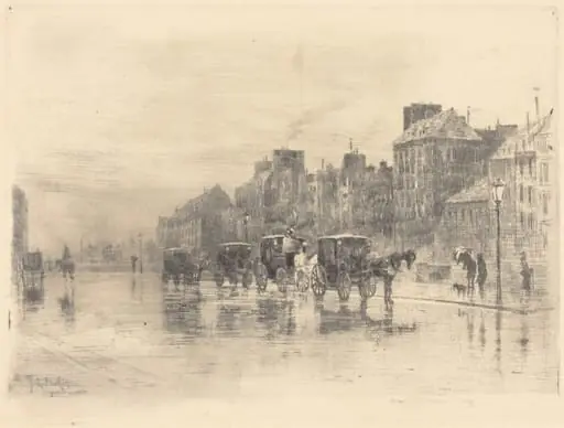 Une Matinée d'Hiver au Quai de l'Hôtel-Dieu (Winter Morning on the Quai de l'Hôtel-Dieu), by Félix-Hilaire Buhot, ink, 1876