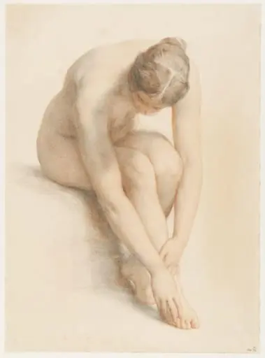 Female nude, seated, bending forward, by William Mulready, 1856