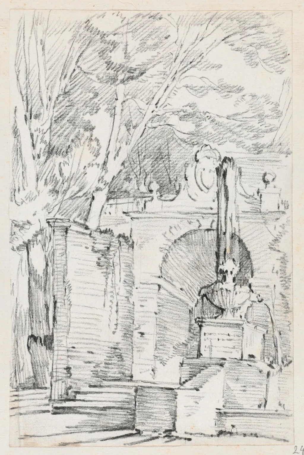 Fountain of Pomona in the Gardens of the Villa d'Este, Tivoli, by Joseph-Marie Vien, graphite, 1747