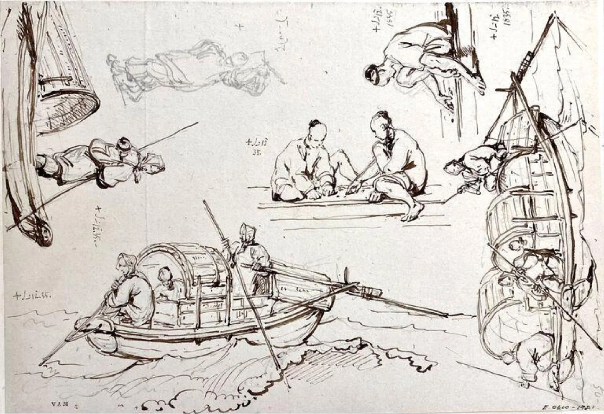 Tanka boats at sea, with other drawings, detail