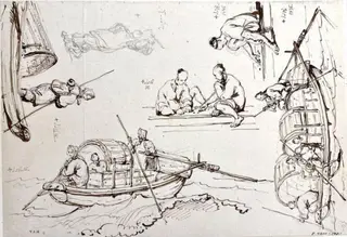 Tanka boats at sea, with other drawings, by George Chinnery, 12