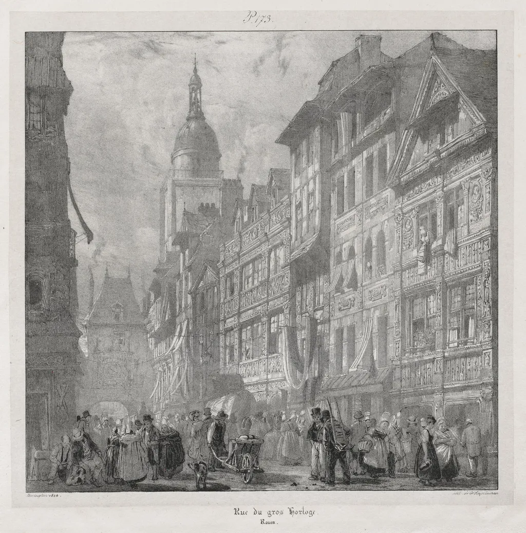 Voyages pittoresques et romantiques dans l'ancienne France,  Normandie:  Rue du Gros Horloge, Rouen, by Richard Parkes Bonington, 1824