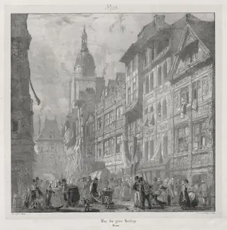 Voyages pittoresques et romantiques dans l'ancienne France,  Normandie:  Rue du Gros Horloge, Rouen, by Richard Parkes Bonington, 1824