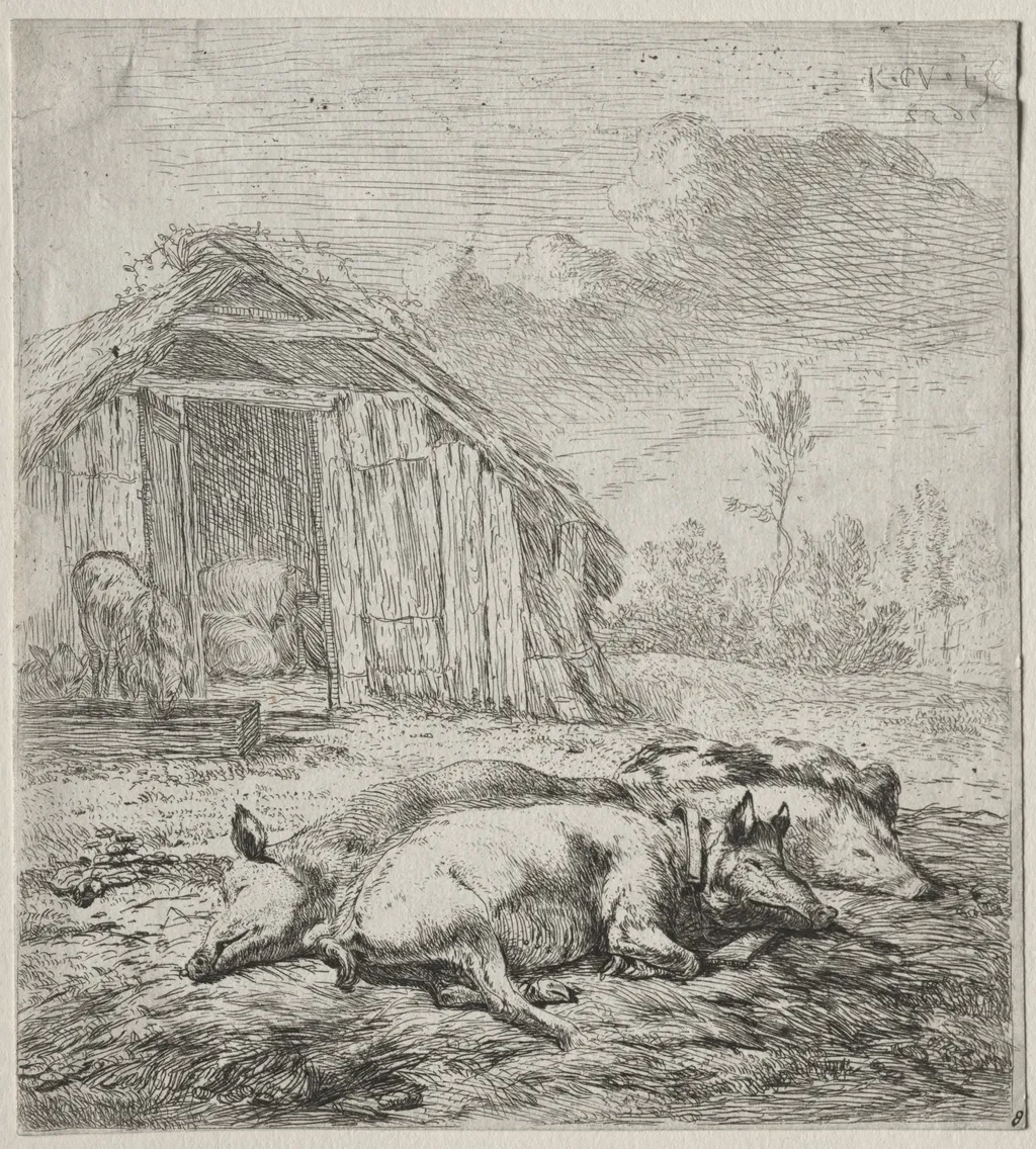 Three Swine Lying in Front of a Sty, by Karel Dujardin, 1652