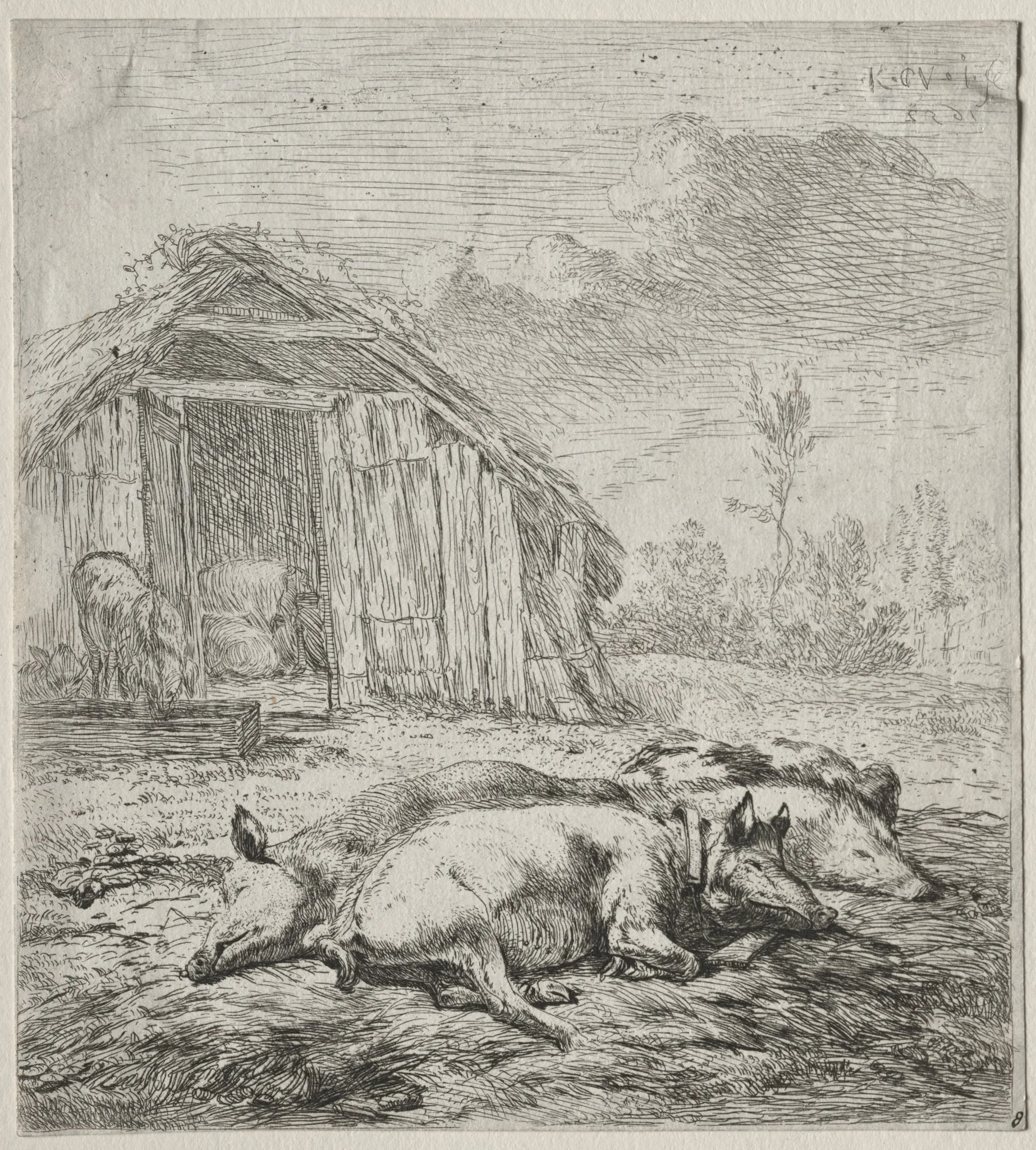 Three Swine Lying in Front of a Sty, detail