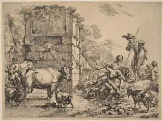 Cow Drinking, by Nicolaes Pieterszoon Berchem, ink, 1680