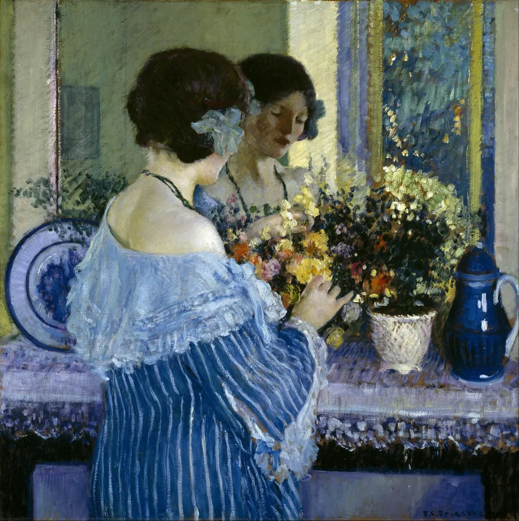 Girl in Blue Arranging Flowers, by Frederick Carl Frieseke, oil, 1915