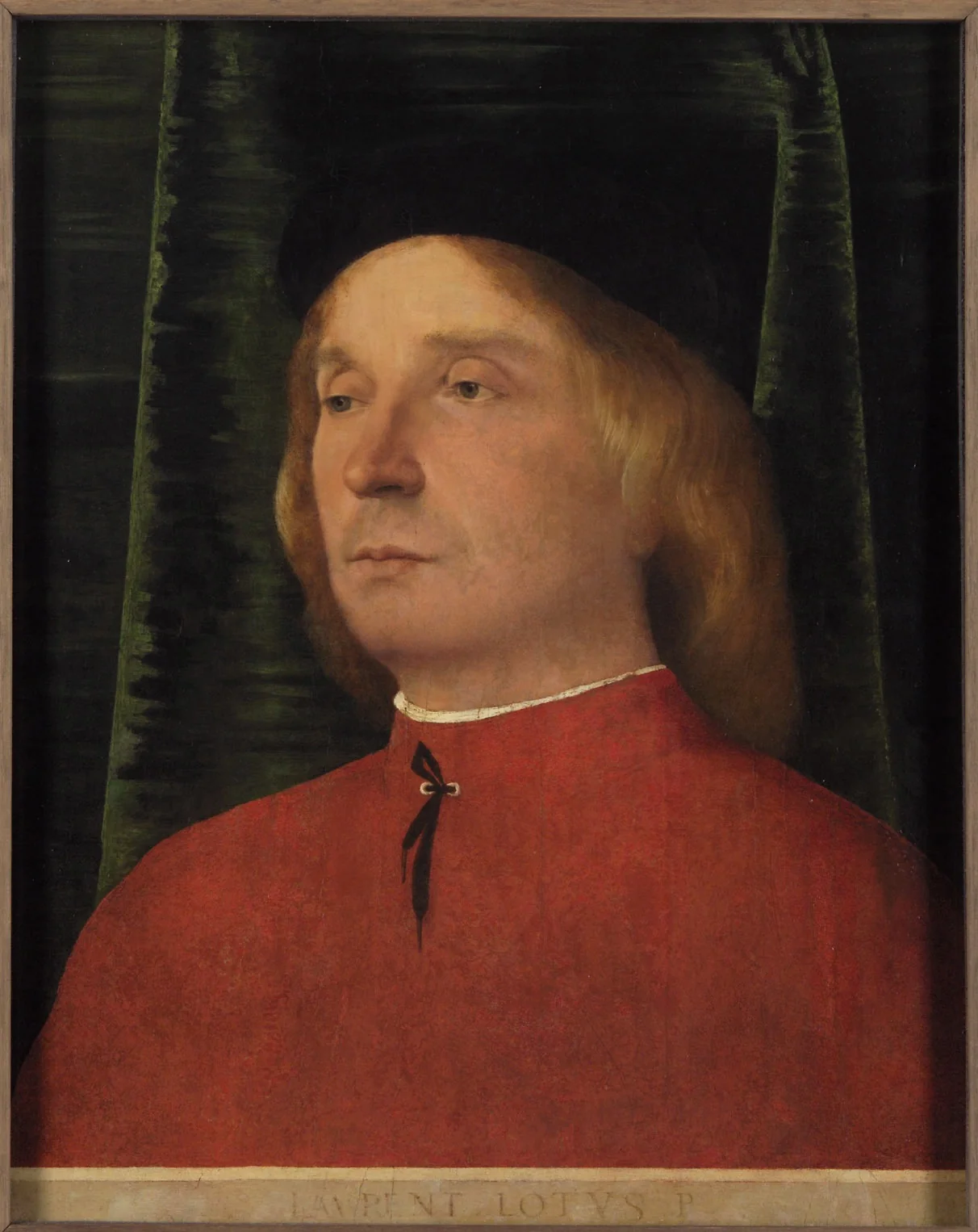 Portrait of a young man in red garment, detail
