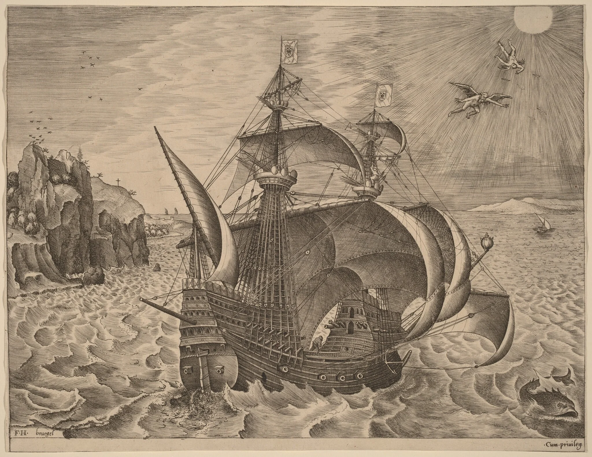 Armed Three-Master with Daedalus and Icarus in the Sky, detail
