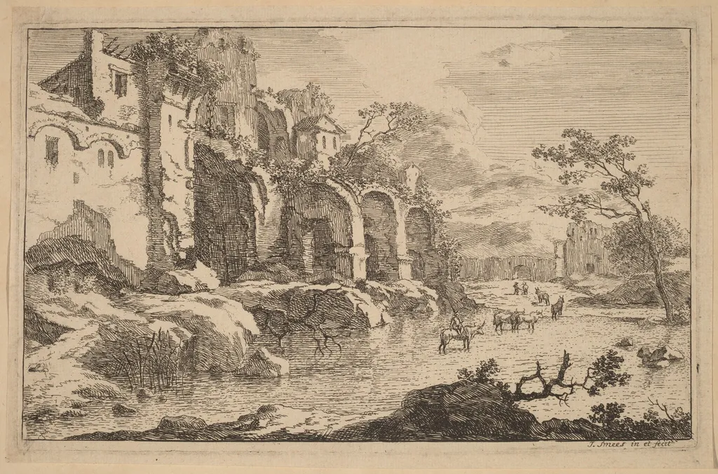 Building in Ruins at the Side of a River, by Jan Smees, ink, 1707