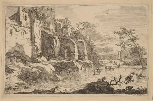 Building in Ruins at the Side of a River, by Jan Smees, ink, 1707