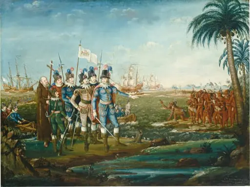 First Landing of Christopher Columbus, by Frederick Kemmelmeyer, oil, 1802