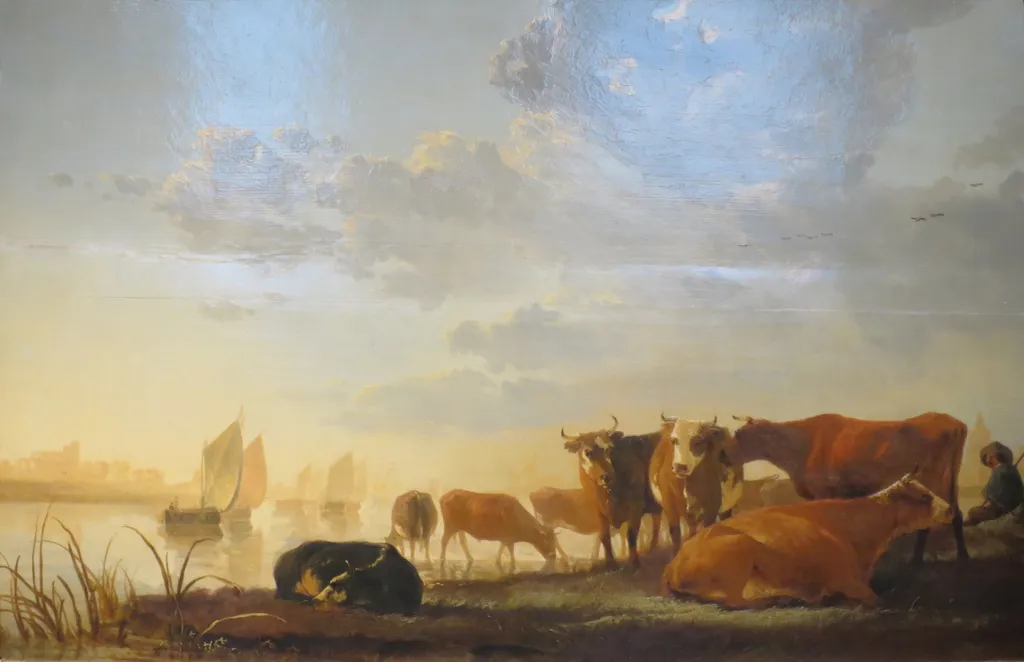 Cows in a River, at Sunset, by Aelbert Cuyp, oil, 1650