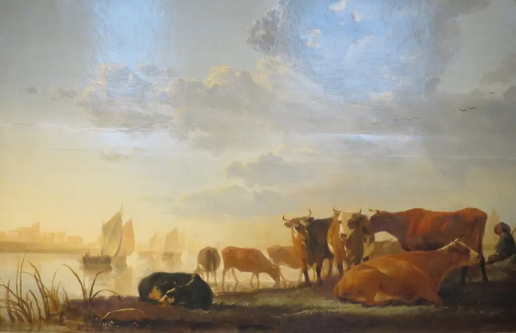 Cows in a River, at Sunset, by Aelbert Cuyp, oil, 1650