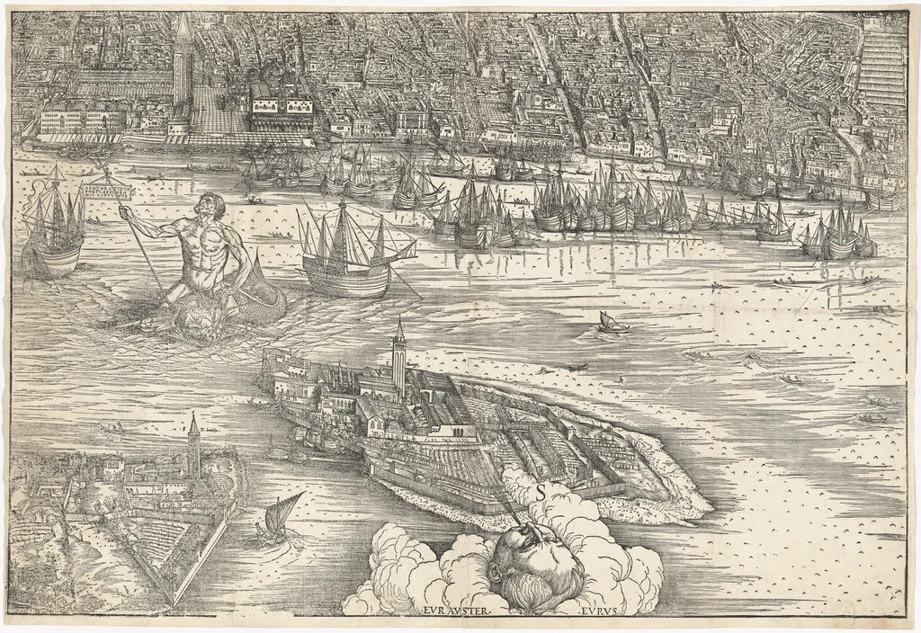 View of Venice [lower center block], by Jacopo de' Barbari, ink, 1500