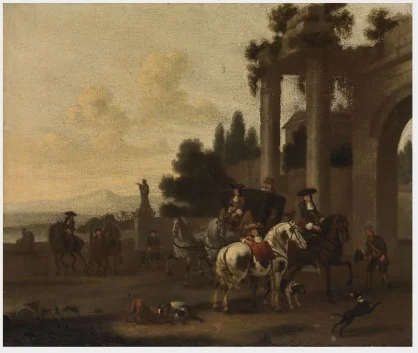 A Coach Party with a Classical Building, detail