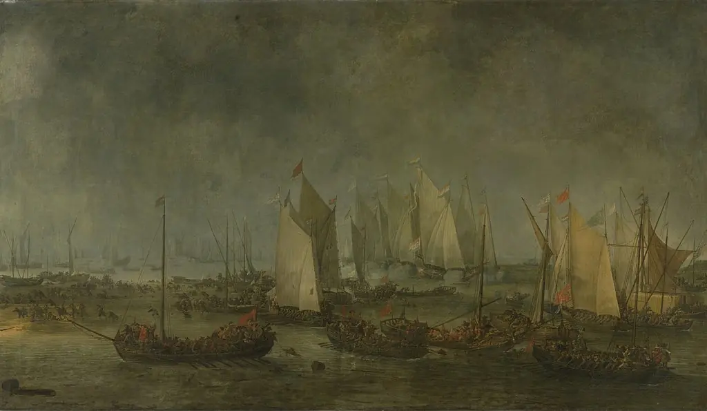 The battle on the Slaak between the Dutch and Spanish fleets during the night of 12-13 September 1631, by Simon de Vlieger, oil, 1633