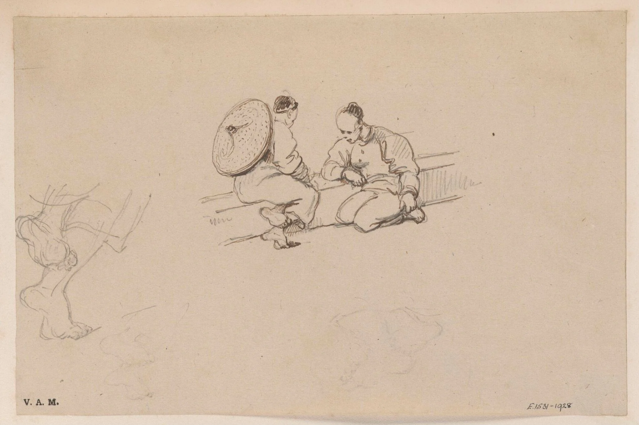 Two Chinese men on a step, detail