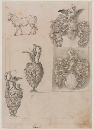 Design for Two Vases, Two Coats of Arms, and a Bull (recto), by Luzio Romano, 1504