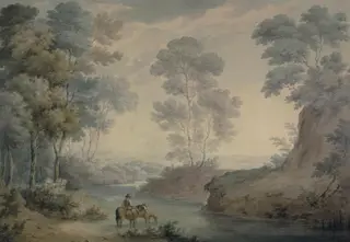 Landscape with river and horses watering, by George Barret, Sr., watercolor, 1750