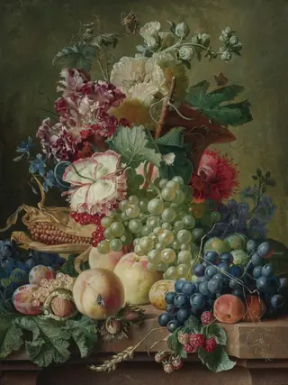 Still life of flowers and fruits on a marble ledge, by Paul Theodor van Brussel, oil, 1794