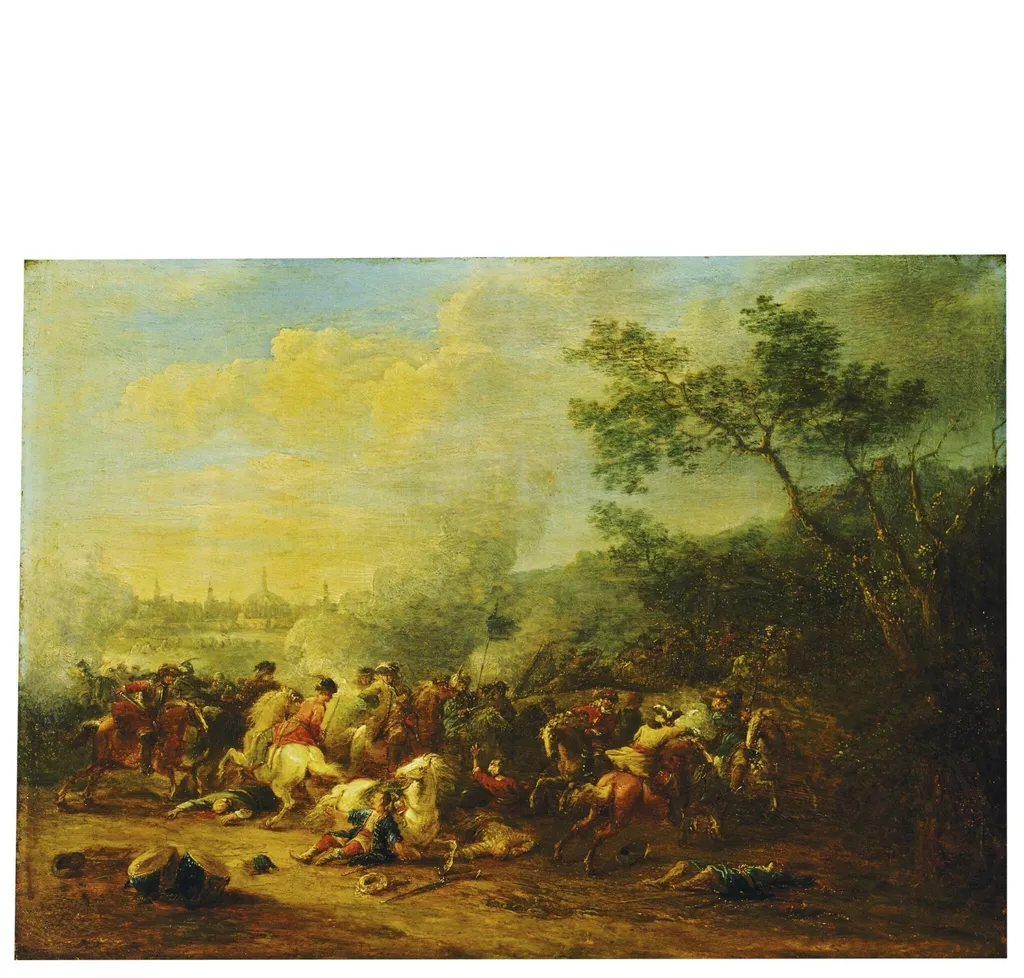 Cavalry Engagement against the Turks, with a Distant View of a Town, by Jan Pieter van Bredael, paint, 1715