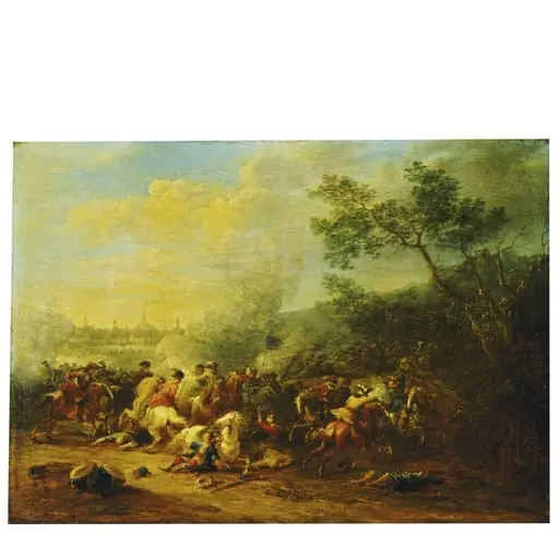 Cavalry Engagement against the Turks, with a Distant View of a Town, by Jan Pieter van Bredael, paint, 1715